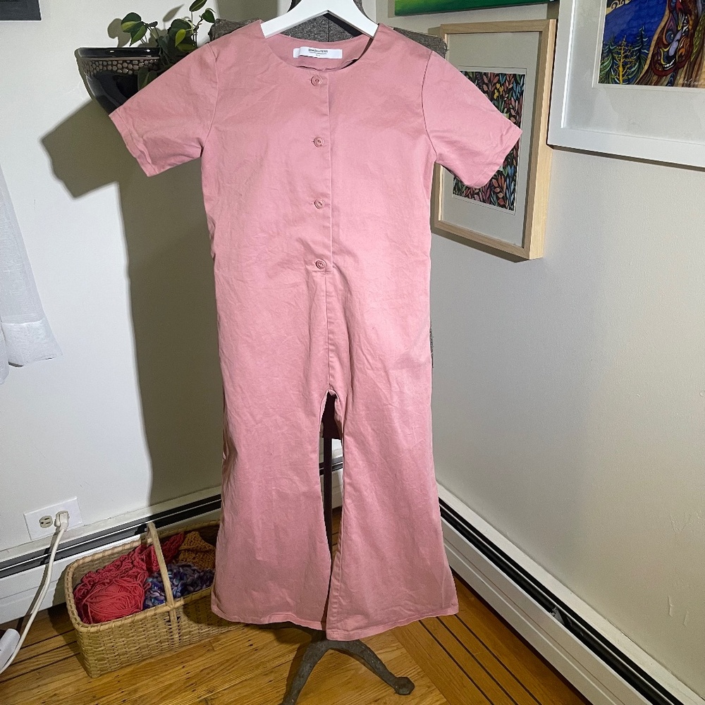Smash + Tess Girls Pink Short-Sleeve Button-Front Cotton Jumpsuit